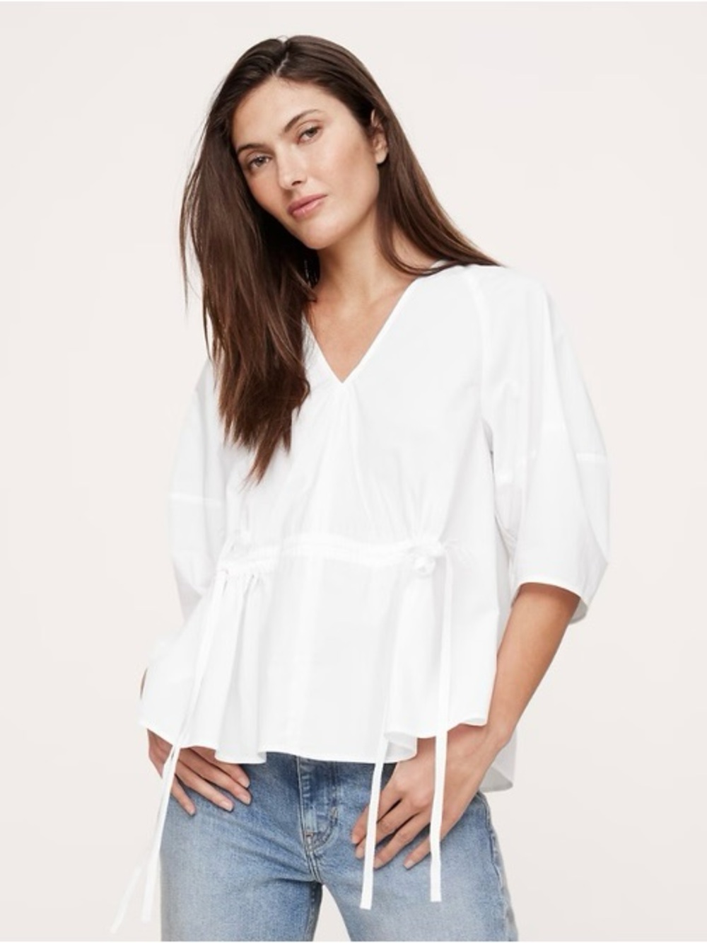 Banana Republic White V-Neck Cotton Poplin Cinch-Waist Top